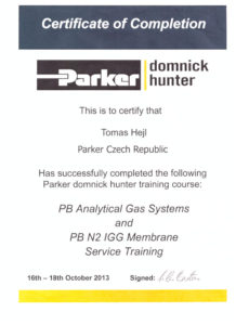 Certifikát Parker Domnick Hunter - Tomáš Hejl - 2013