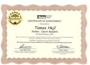 Certifikát Parker Domnick Hunter - Tomáš Hejl - 2015