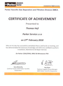 Certifikát Parker Domnick Hunter - Tomáš Hejl - Parker Servis s.r.o.